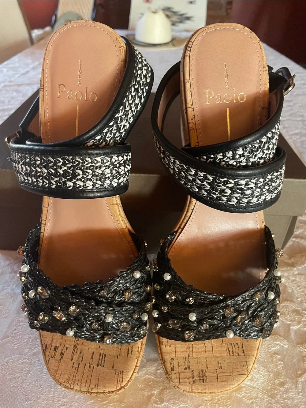Paolo Black & Cork Beaded Pearl Wedge Sandals